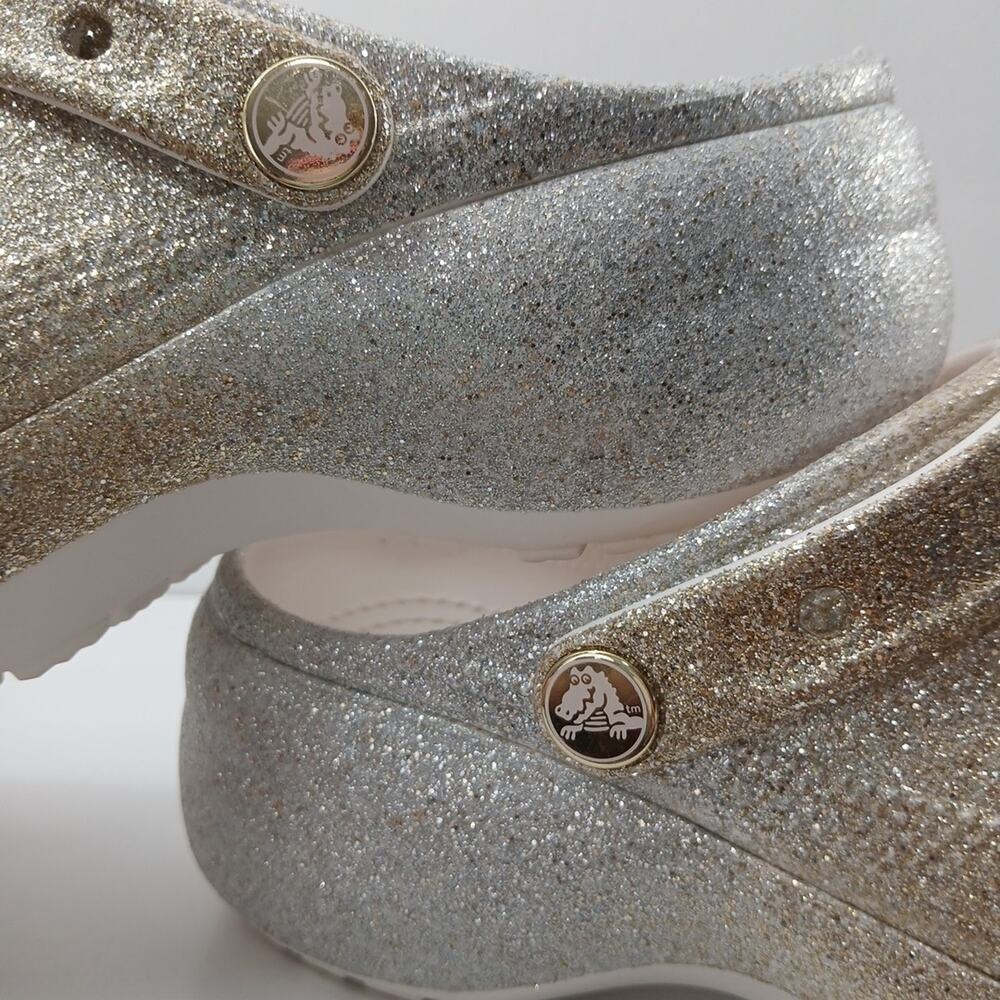 Croc Platform Glitter Ombre Silver Gold Slip on Classic High Heel Clogs Size 7 - Picture 16 of 16